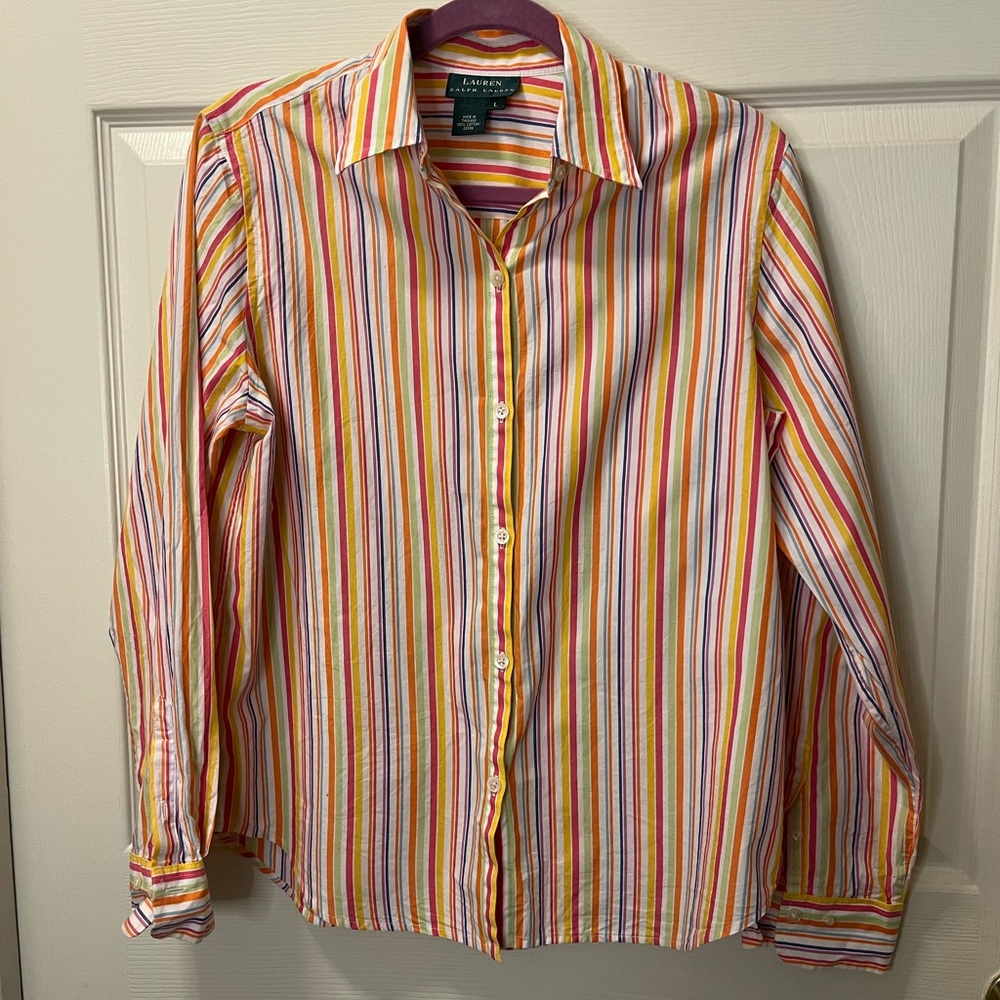 Ralph Lauren Women’s Multicolor Striped Button Down Shirt. Size Lg